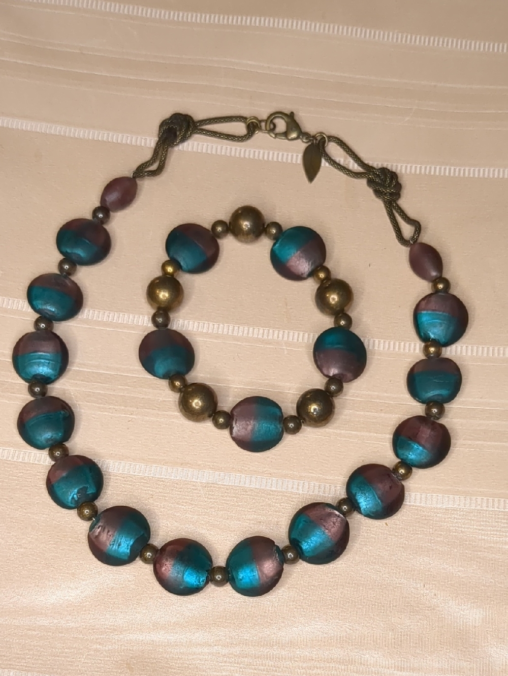 Coldwater Creek 90s Boho Glass Bead Necklace and Bracelet Set Teal Plum - Picture 3 of 13